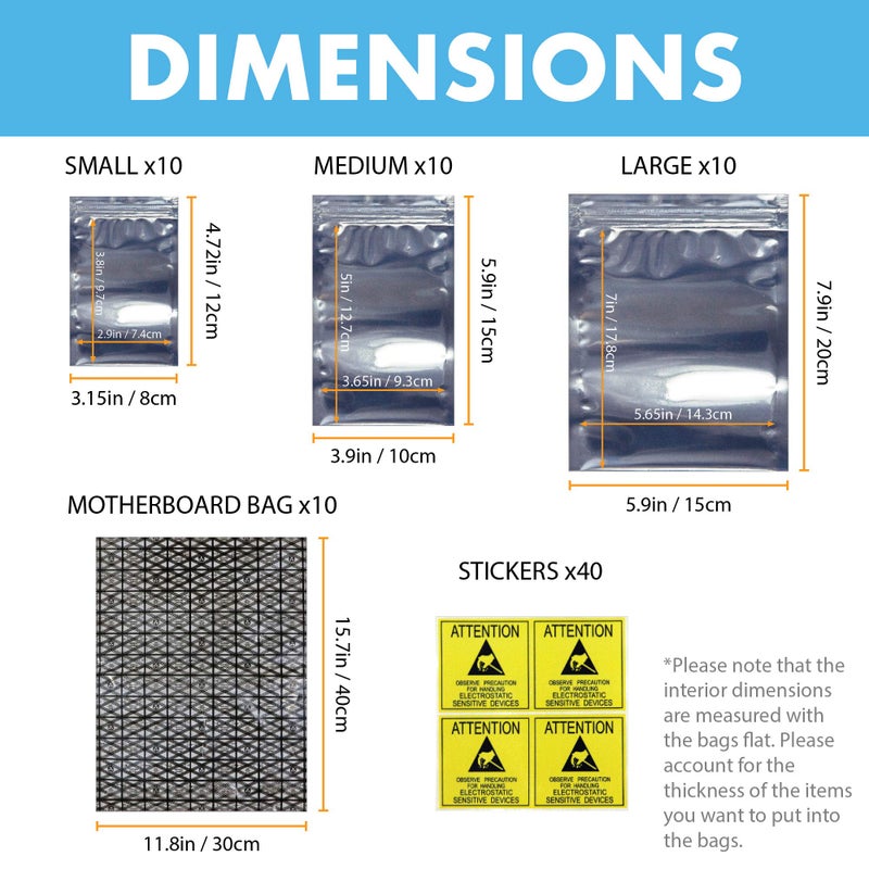 Millennial Essentials Open Top & Resealable Antistatic Bags ESD Shielding Bag with Anti-static Labels for Hard Drive SSD HDD Motherboard Video Card RAM Electronic Devices (Pack of 40) (Assorted Sizes) - Image 3